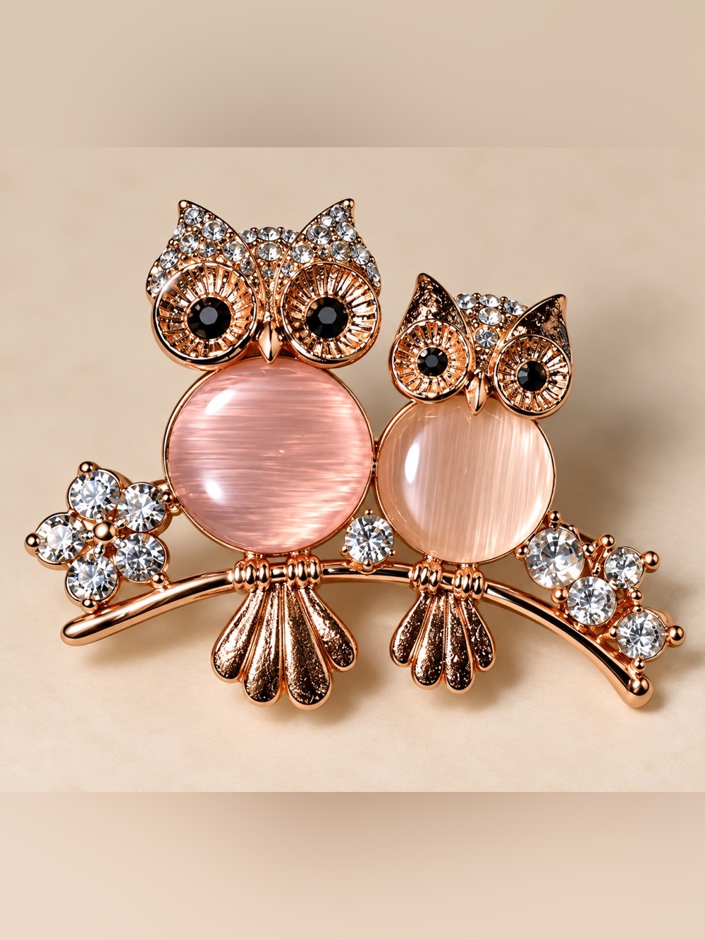 Rose Gold Owl Duo Brooch Pin with Pink Cat's Eye Accents